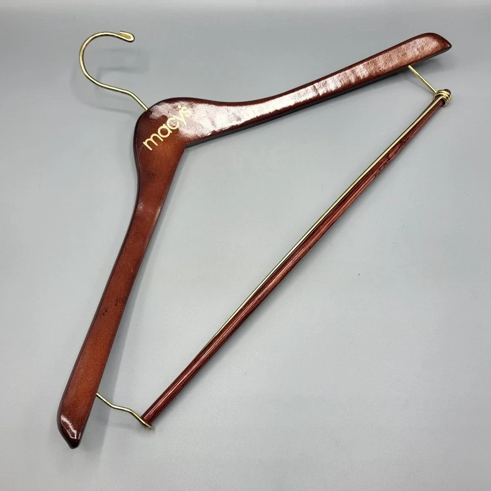 Vintage Set Of 3 Macys Wooden Suit Hangers With Gold Metal Hooks & Trouser Bar